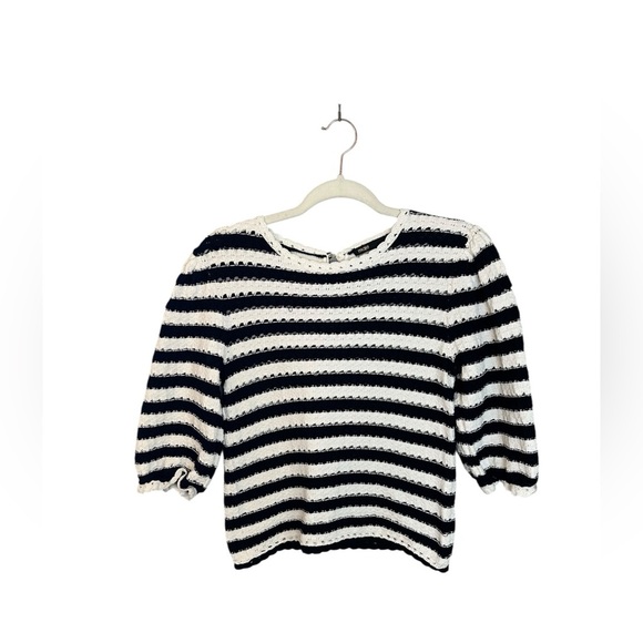 MAJE Marigna Marine/Ecru Striped Crochet-Knit Top Size Small - Picture 4 of 11